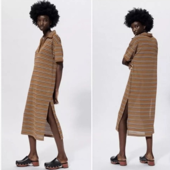 ZARA Collared Mustard Yellow '70s Style Retro Knit Striped Midi Knit Dress (W-3) - Picture 2 of 7